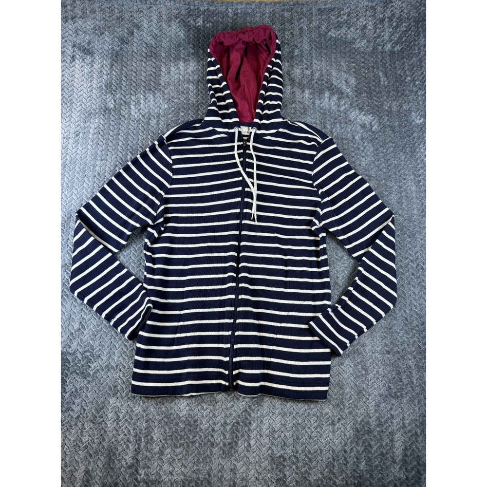 L.L.Bean Hoodie Womens Large Navy White Striped Ribbed Knit Full Zip Long Sleeve